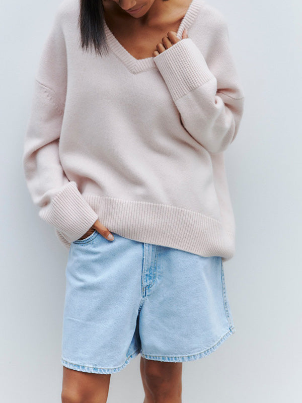 Damen V-Ausschnitt Strick Pullover | Langarm