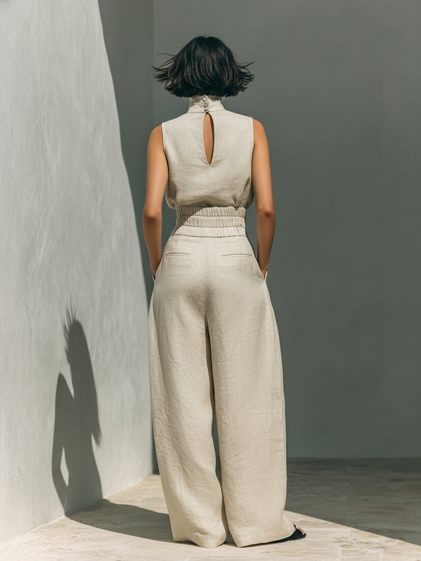 Damen Ärmellose Bluse und Weite-Hosen Ensemble 1