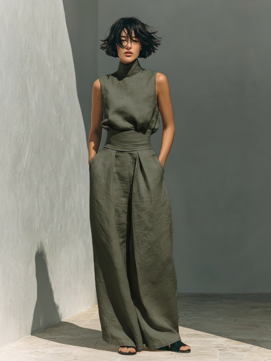 Damen Ärmellose Bluse und Weite-Hosen Ensemble 2