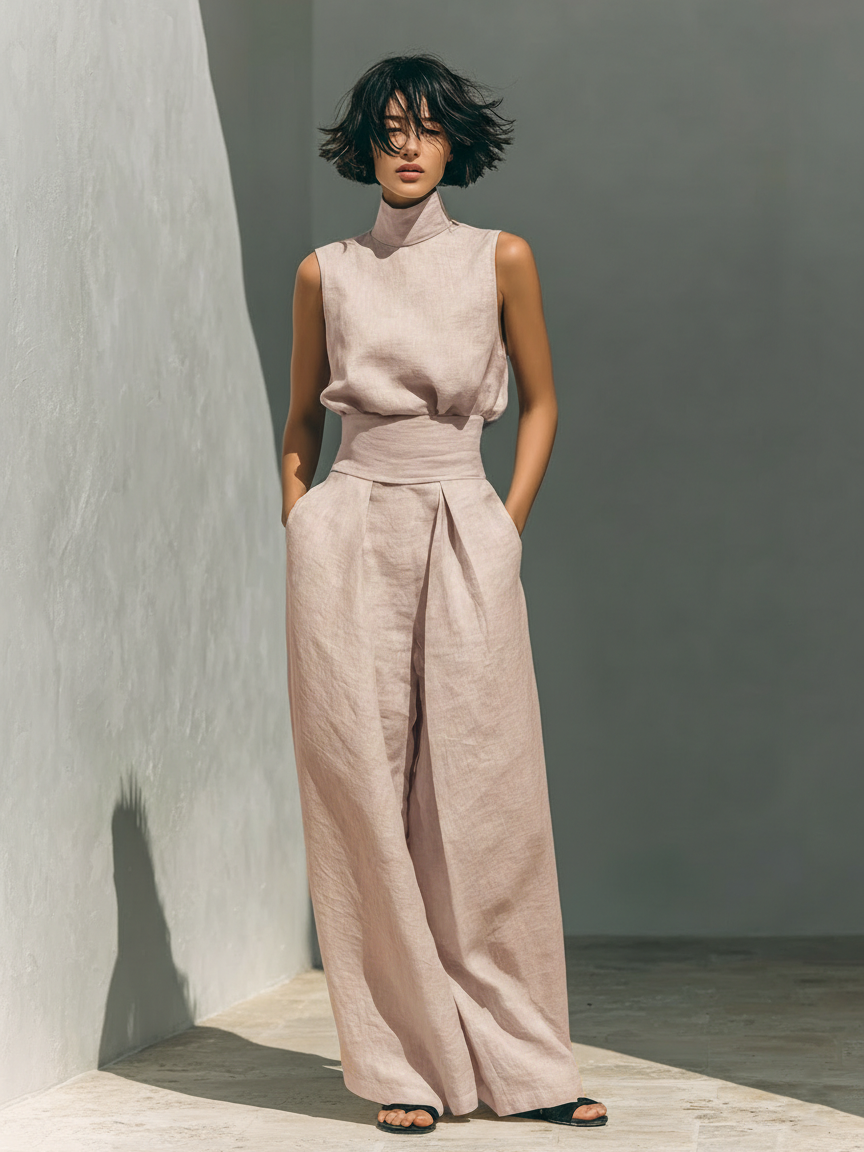 Damen Ärmellose Bluse und Weite-Hosen Ensemble 4