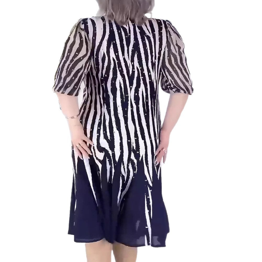 Damen nan tailliertes Midikleid mit grafischem Animalmuster, transparenten Puffärmeln und schwingendem Faltenrock Drune 5