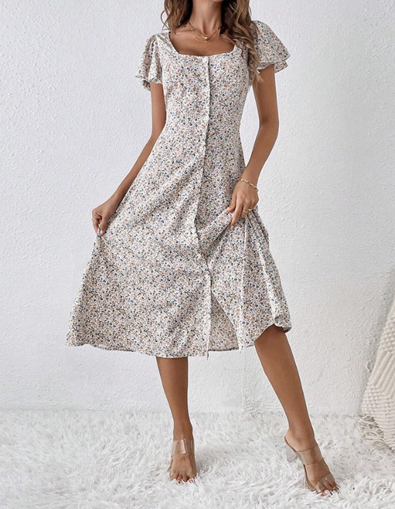 Damen nan tailliertes Midikleid mit quadratischem Ausschnitt, verdeckter Knopfleiste und fließendem A-Linien-Rock Drune 0