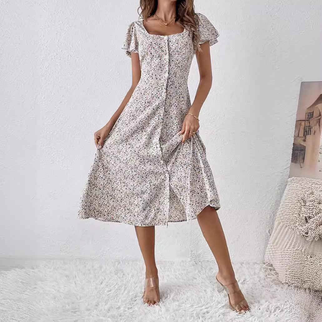 Damen nan tailliertes Midikleid mit quadratischem Ausschnitt, verdeckter Knopfleiste und fließendem A-Linien-Rock Drune 1