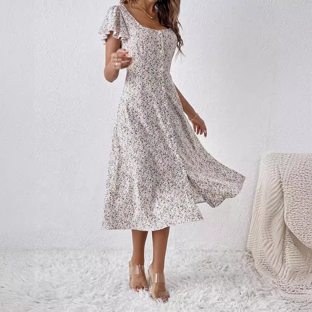 Damen nan tailliertes Midikleid mit quadratischem Ausschnitt, verdeckter Knopfleiste und fließendem A-Linien-Rock Drune 2