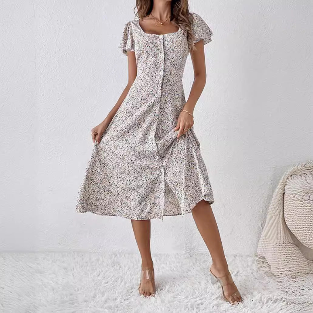 Damen nan tailliertes Midikleid mit quadratischem Ausschnitt, verdeckter Knopfleiste und fließendem A-Linien-Rock Drune 3