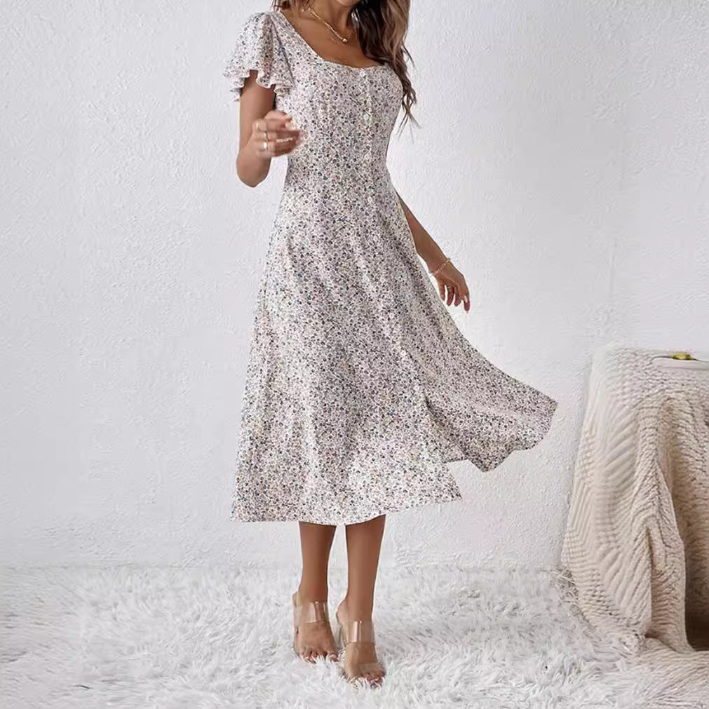Damen nan tailliertes Midikleid mit quadratischem Ausschnitt, verdeckter Knopfleiste und fließendem A-Linien-Rock Drune 4