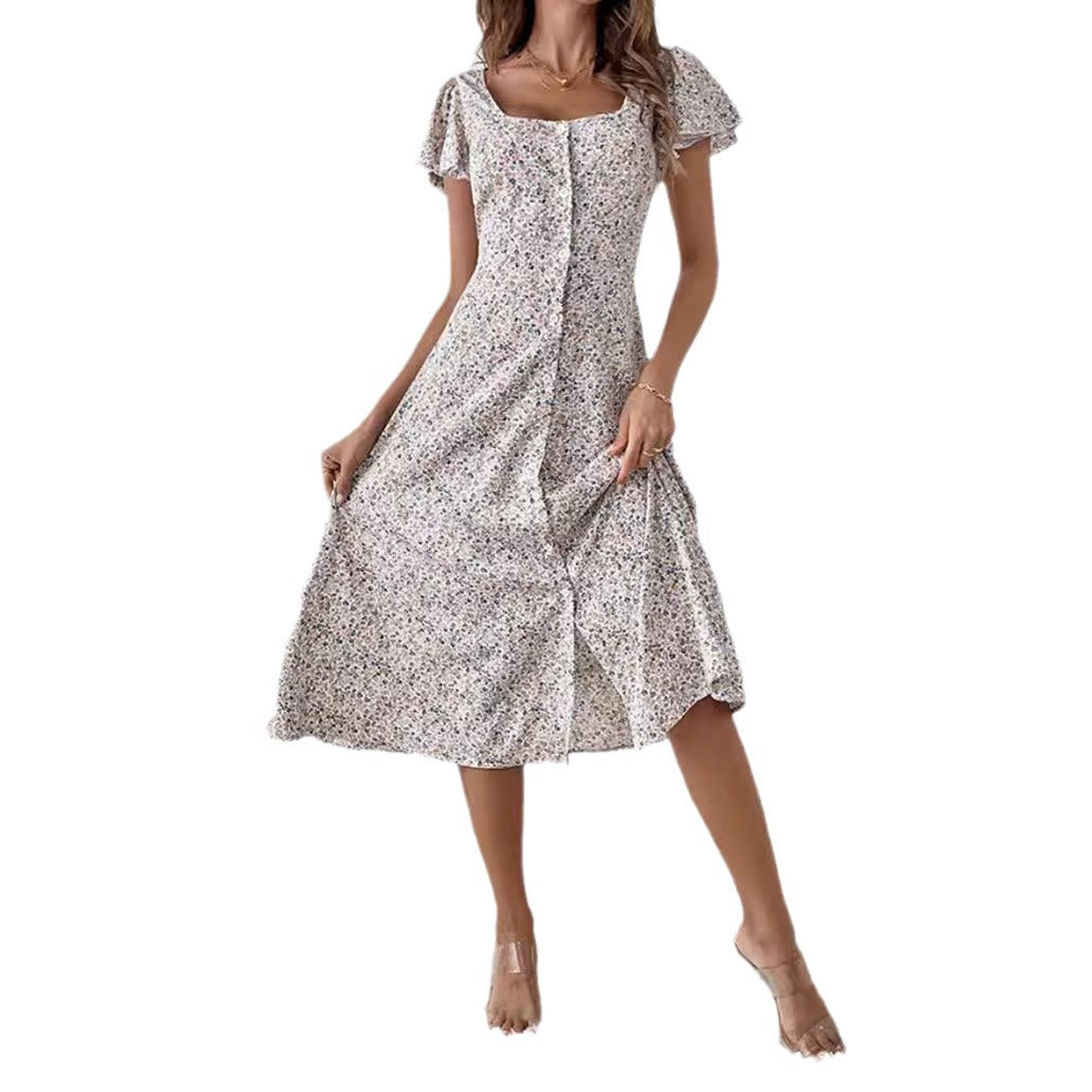 Damen nan tailliertes Midikleid mit quadratischem Ausschnitt, verdeckter Knopfleiste und fließendem A-Linien-Rock Drune 5