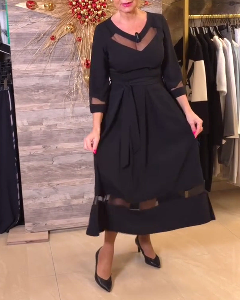 Damen nan tailliertes Midikleid mit transparenten Mesh‑Einsätzen, Bindegürtel und feminine A‑Linien Drune 0