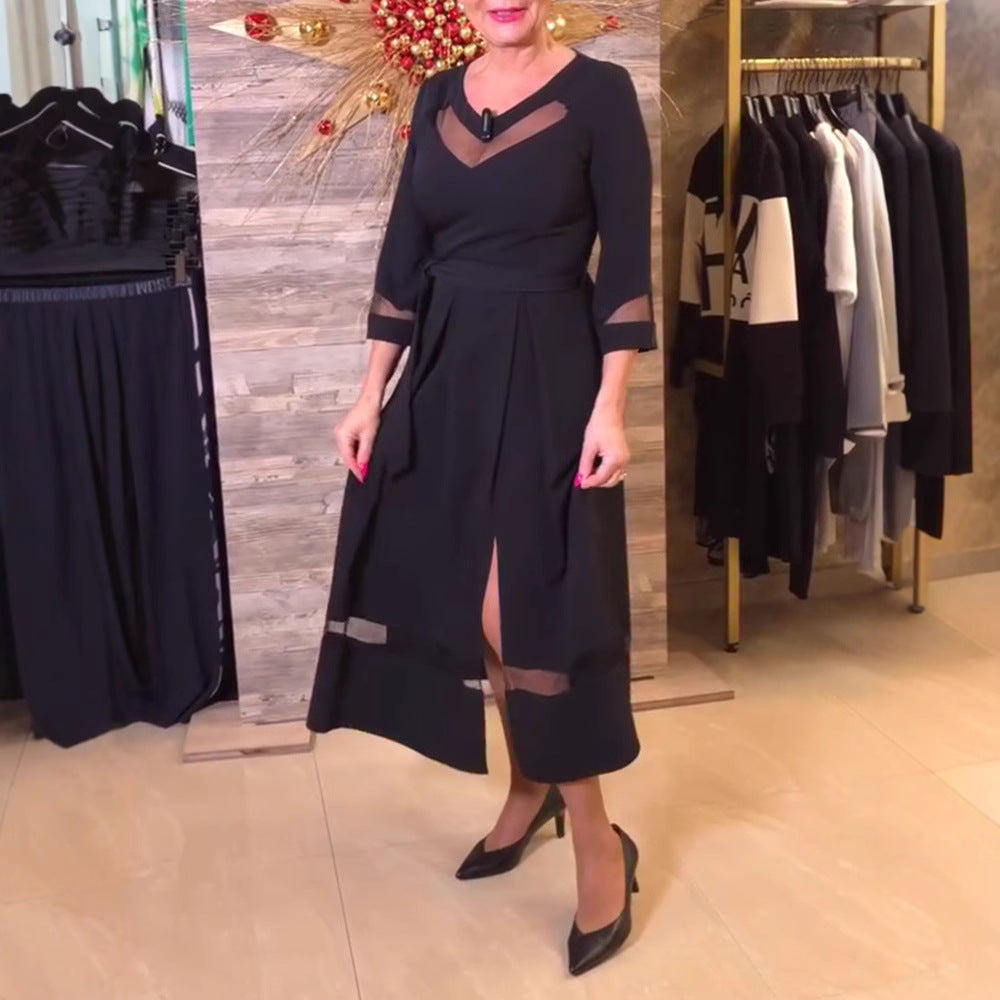 Damen nan tailliertes Midikleid mit transparenten Mesh‑Einsätzen, Bindegürtel und feminine A‑Linien Drune 3