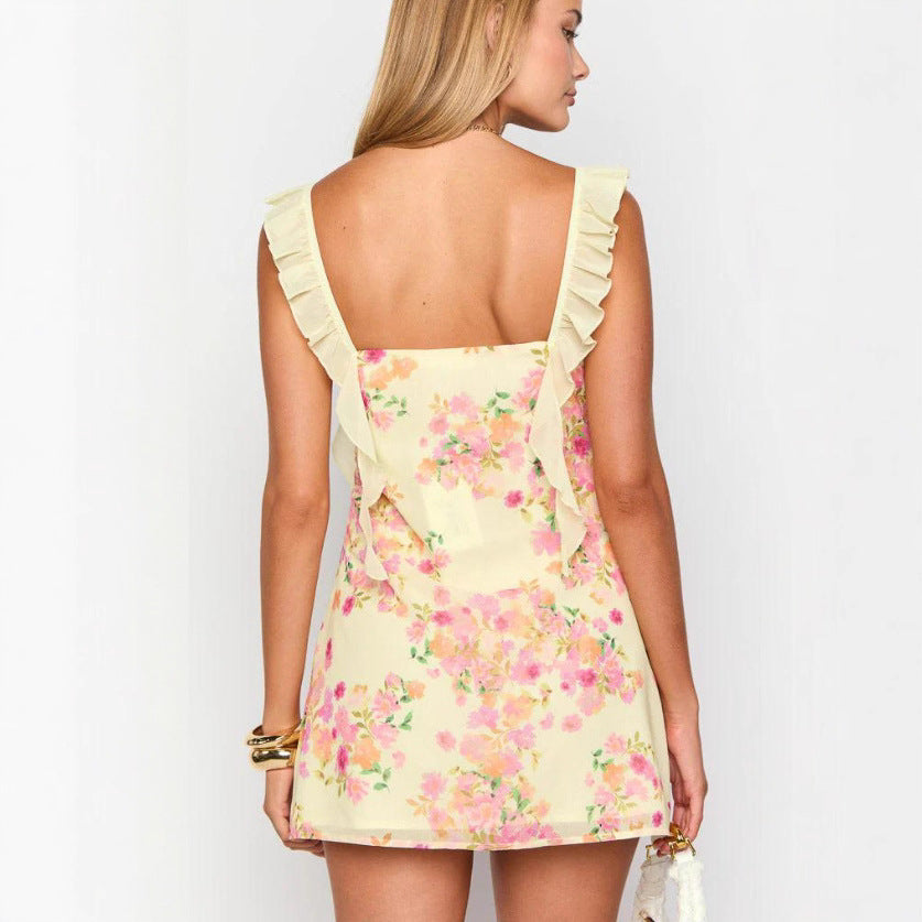 Damen nan tailliertes Minikleid mit Rüschen-Trägern, Schleifen-Detail am Dekolleté und Blumenmuster Drune 4