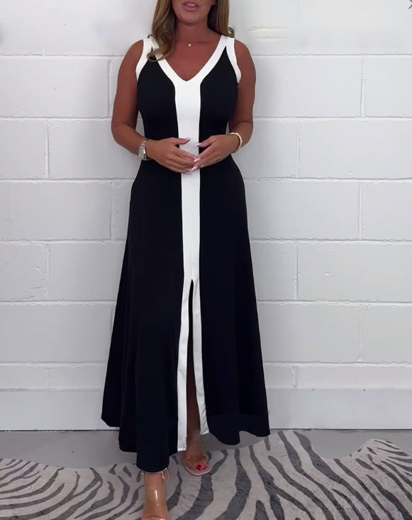 Damen nan tailliertes V-Ausschnitt-Bahnenkleid mit kontrastierender Mittelpasse und mittigem Frontschlitz Drune 0