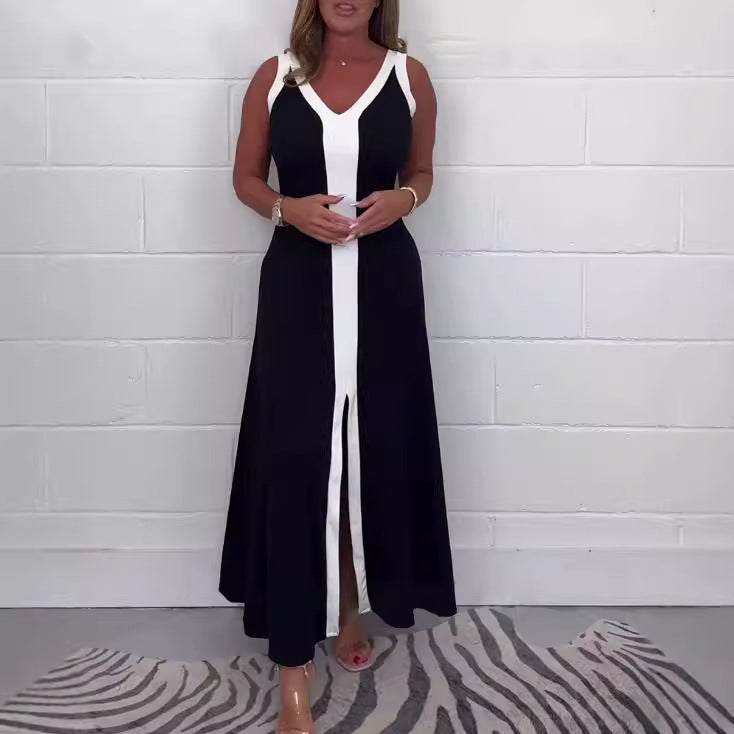 Damen nan tailliertes V-Ausschnitt-Bahnenkleid mit kontrastierender Mittelpasse und mittigem Frontschlitz Drune 1