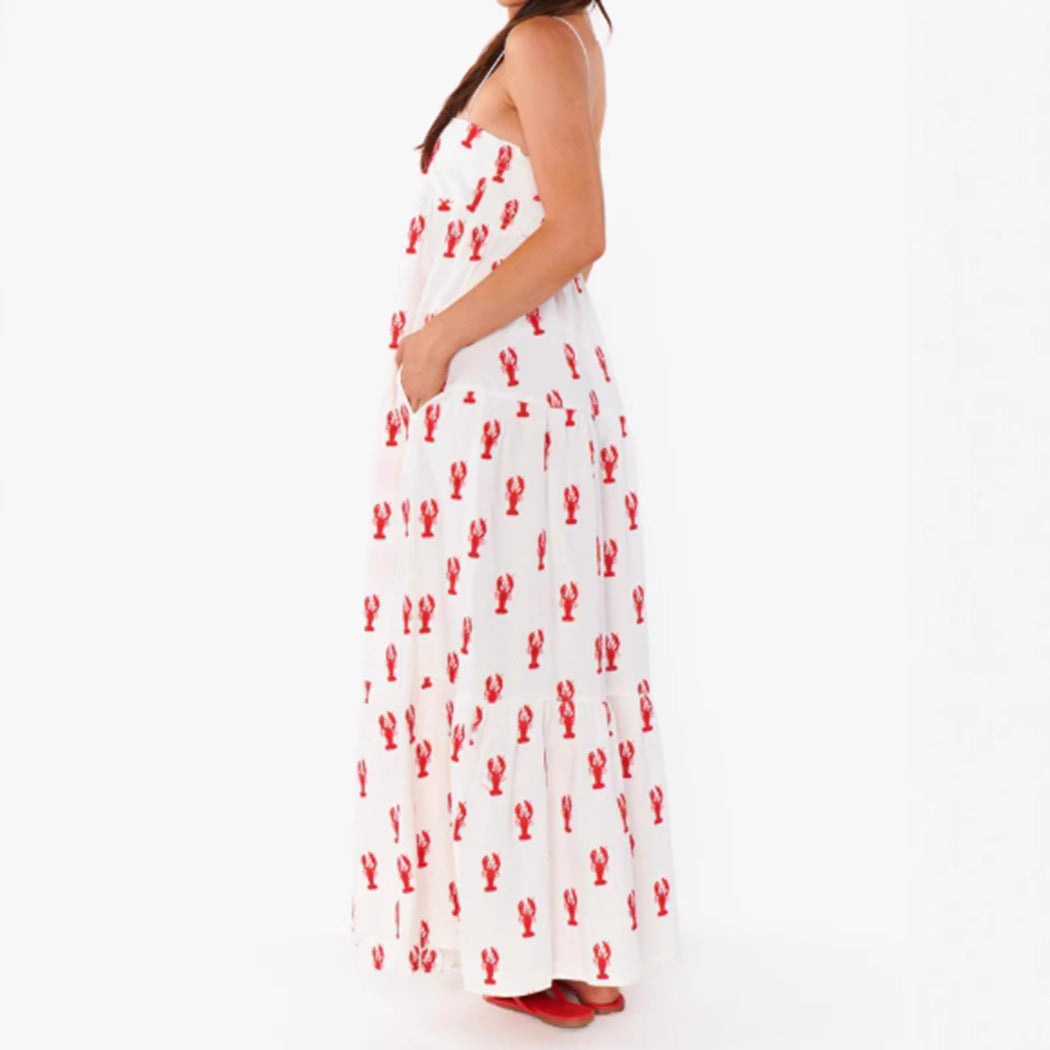 Damen nan trägerloses Bandeau-Maxikleid mit gestuftem Volantrock und maritimem Hummer-Motiv Drune 2