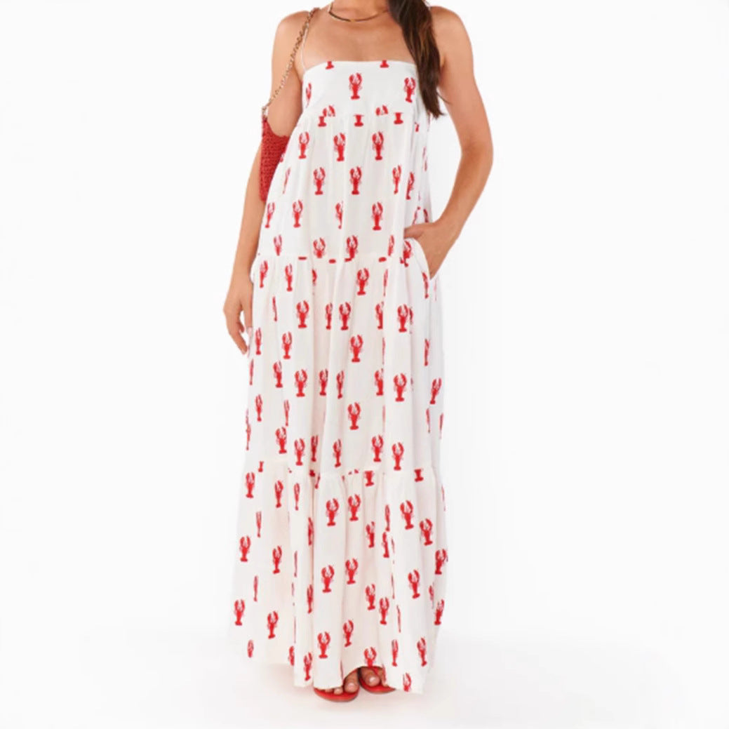 Damen nan trägerloses Bandeau-Maxikleid mit gestuftem Volantrock und maritimem Hummer-Motiv Drune 3