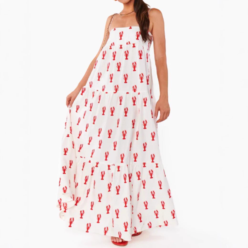 Damen nan trägerloses Bandeau-Maxikleid mit gestuftem Volantrock und maritimem Hummer-Motiv Drune 4