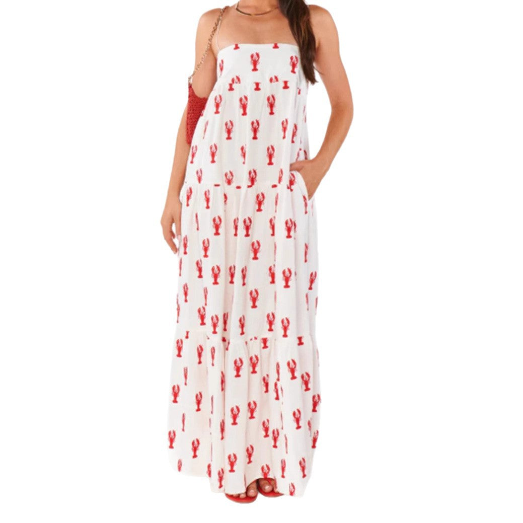 Damen nan trägerloses Bandeau-Maxikleid mit gestuftem Volantrock und maritimem Hummer-Motiv Drune 5
