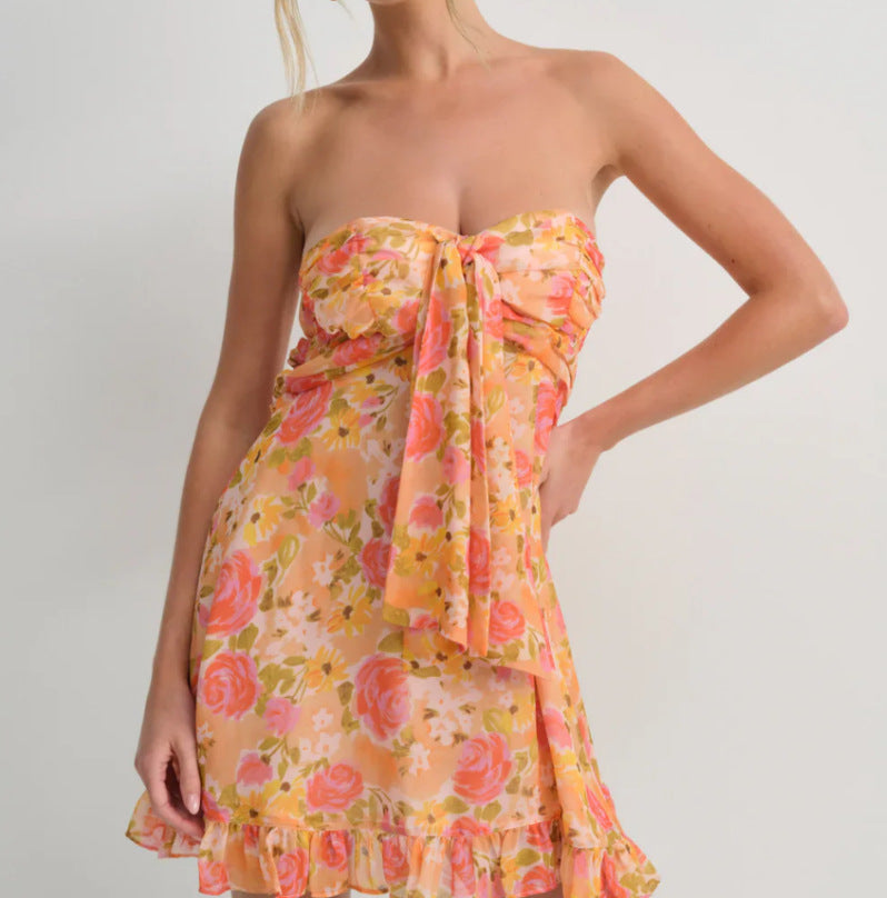 Damen nan trägerloses Chiffonkleid mit Frontschleife und Volantsaum Drune 0