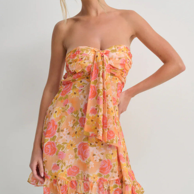 Damen nan trägerloses Chiffonkleid mit Frontschleife und Volantsaum Drune 3