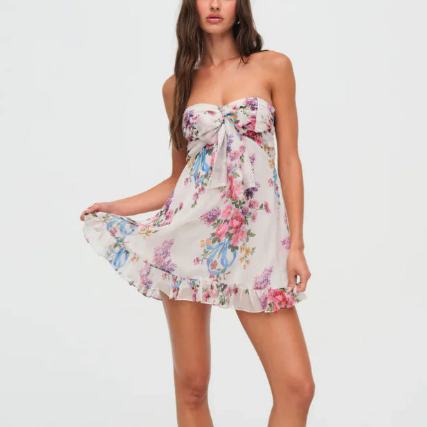 Damen nan trägerloses Chiffonkleid mit Frontschleife und Volantsaum Drune 5