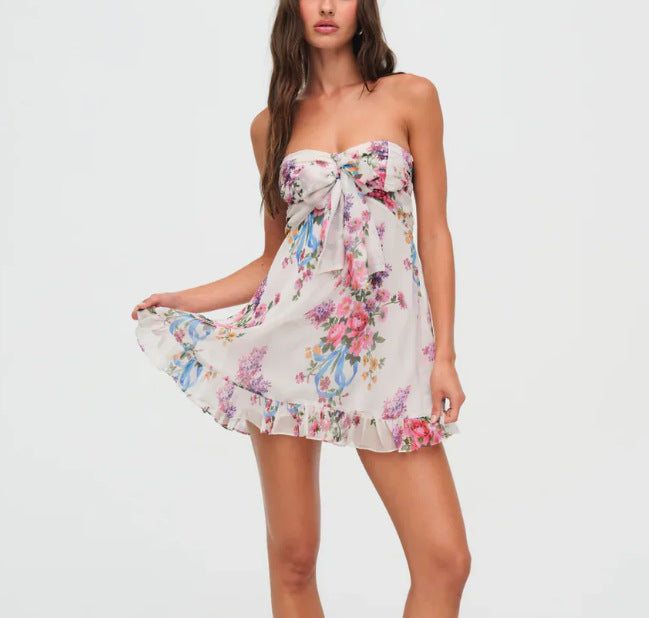 Damen nan trägerloses Chiffonkleid mit Frontschleife und Volantsaum Drune 6