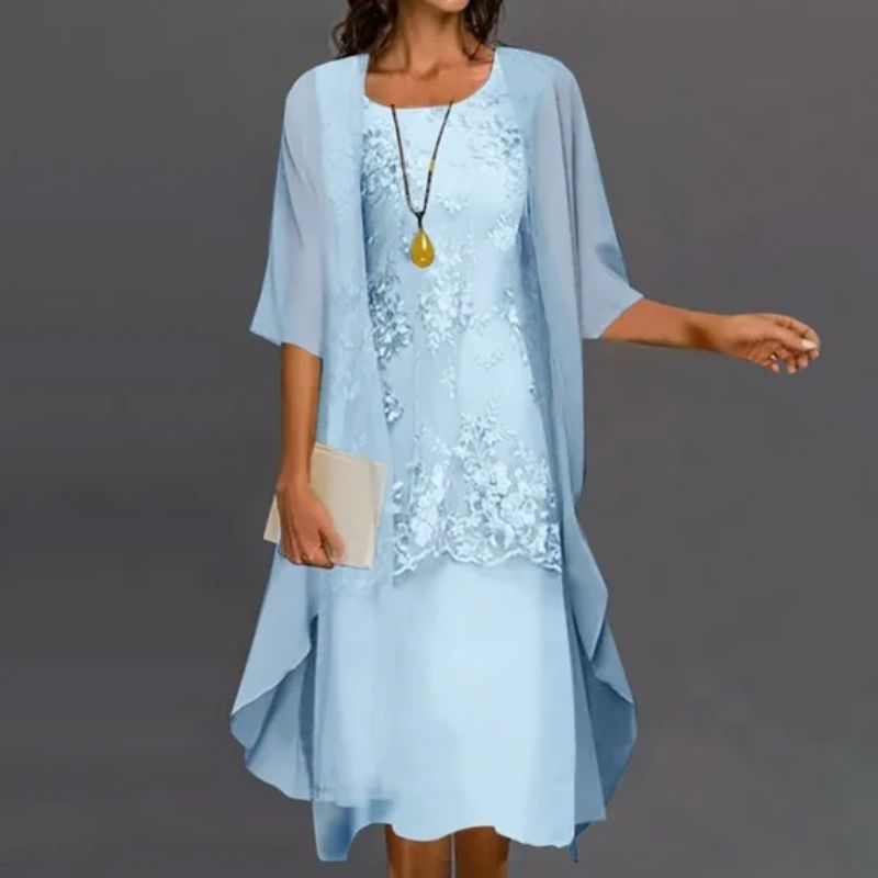 Damenkleid Midi | Cape-Layering & Elegante Spitzen-Optik
