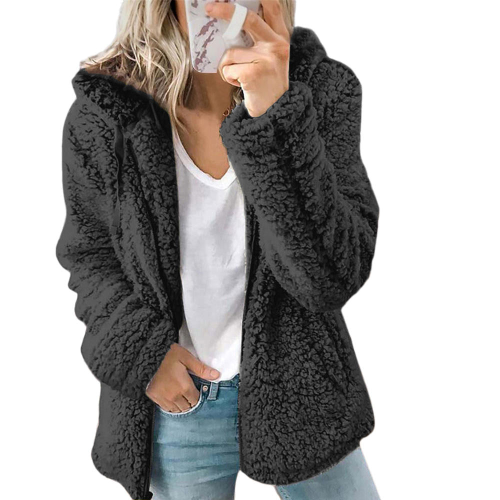 Damenmode | Eleganter Bären Teddy Pelzmantel: Weicher Fleece Mantel mit Taschen und Reißverschluss