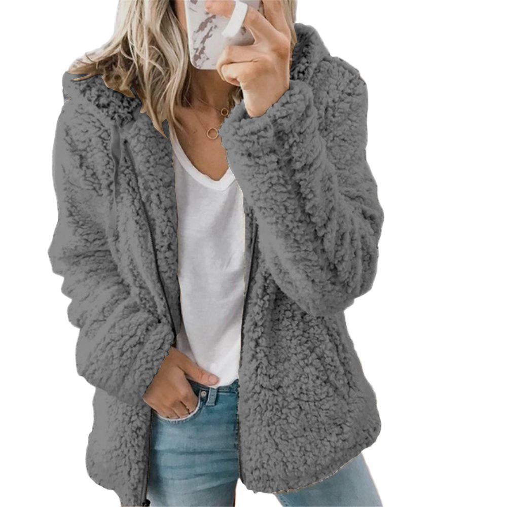 Damenmode | Eleganter Bären Teddy Pelzmantel: Weicher Fleece Mantel mit Taschen und Reißverschluss