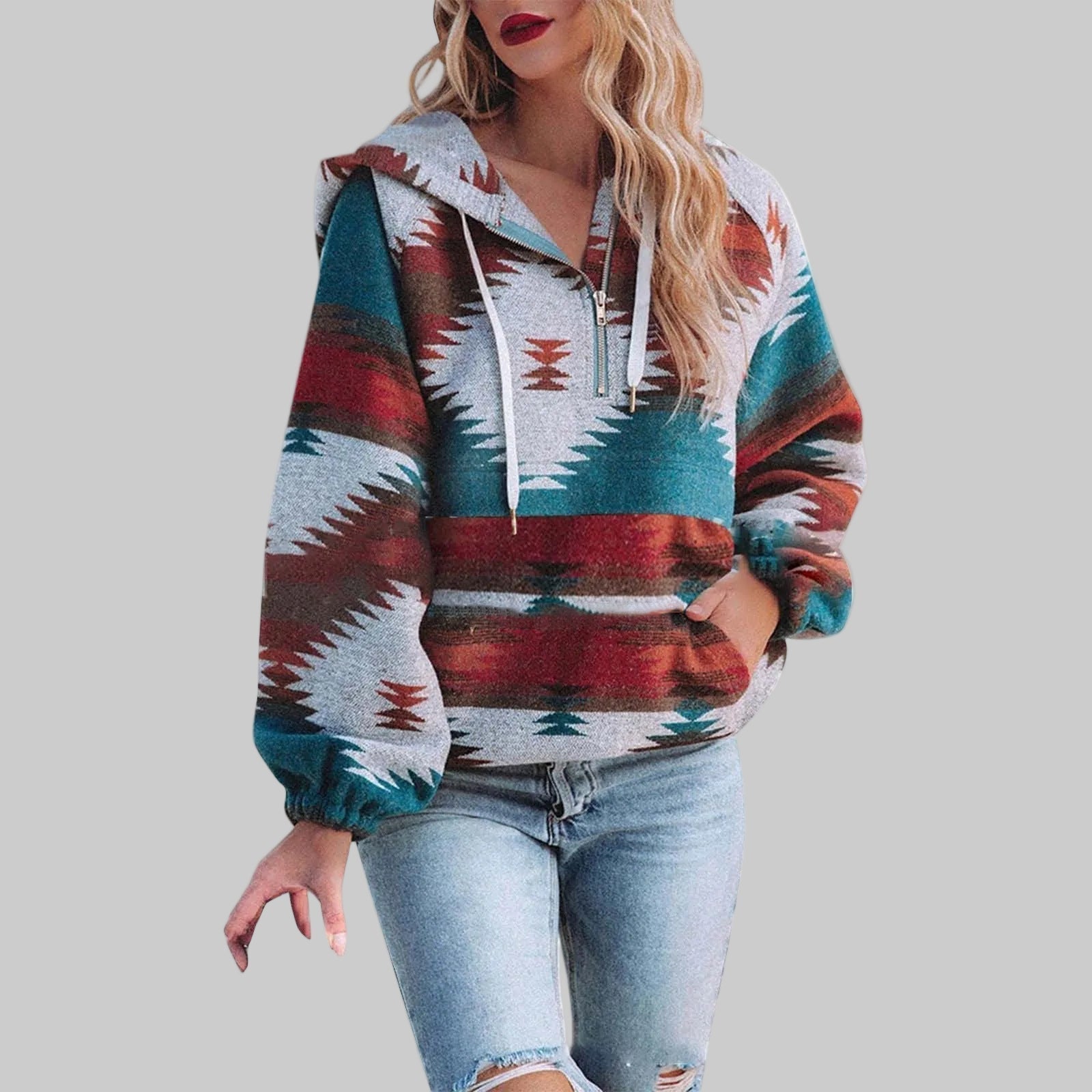 Kapuzenpullover Damen | Ethno-Muster & Half-Zip-Kragen