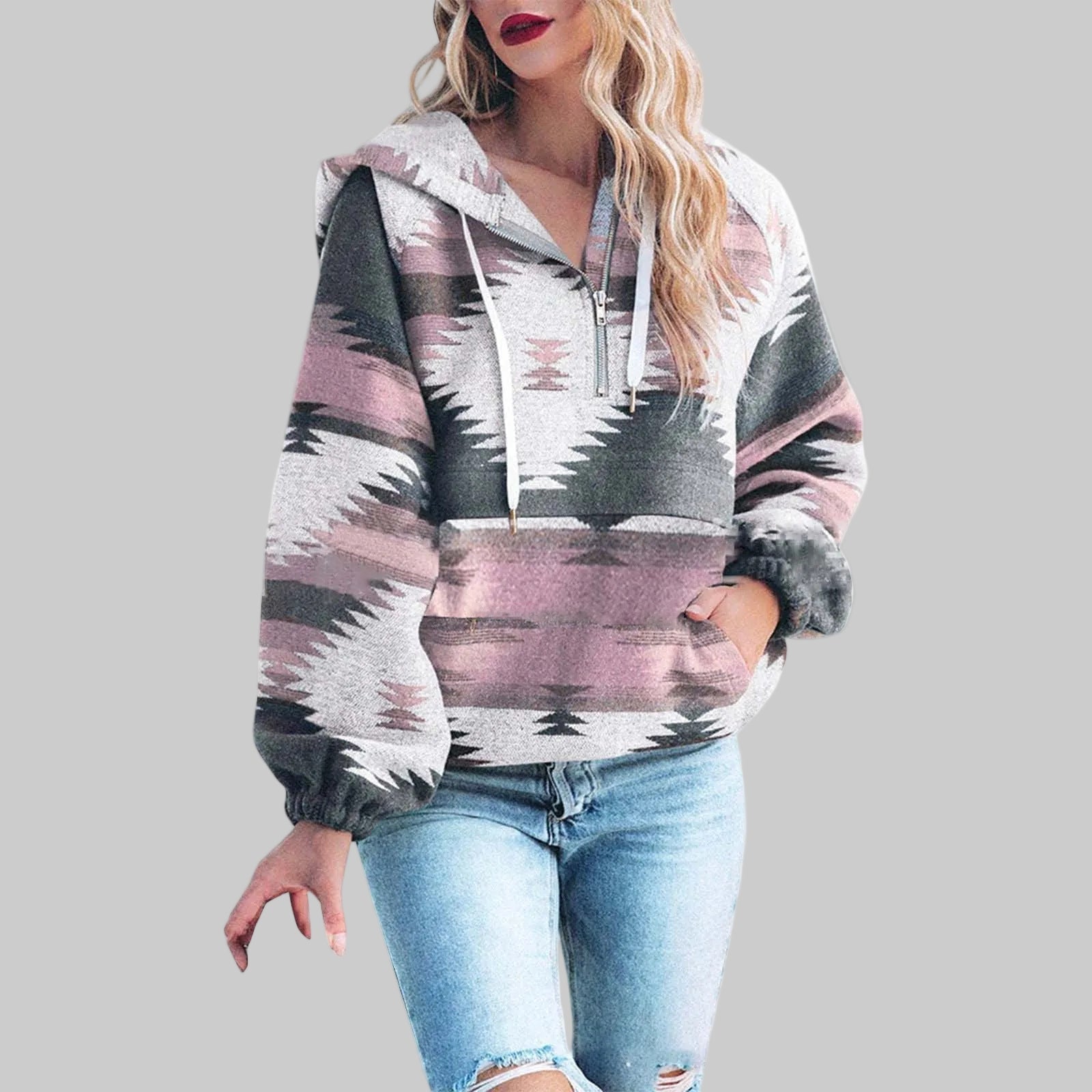 Kapuzenpullover Damen | Ethno-Muster & Half-Zip-Kragen