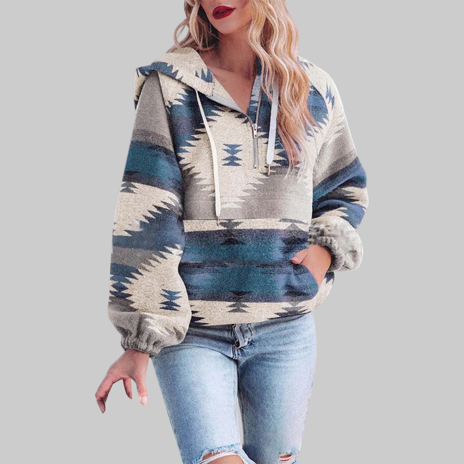 Kapuzenpullover Damen | Ethno-Muster & Half-Zip-Kragen