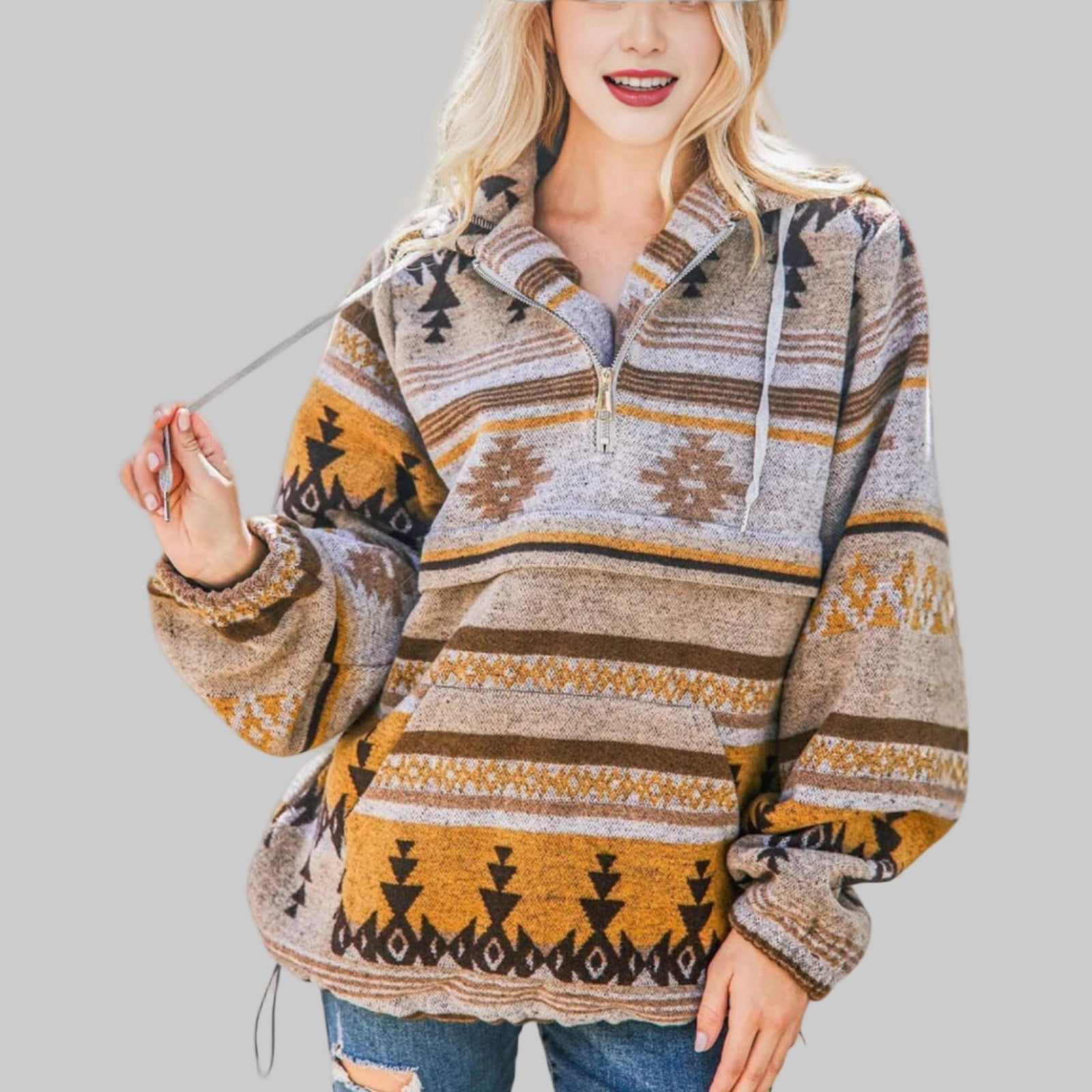 Kapuzenpullover Damen | Ethno-Muster & Half-Zip-Kragen