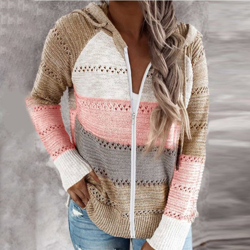 Kapuzenpullover Damen | Reißverschluss & Feminine Streifenoptik