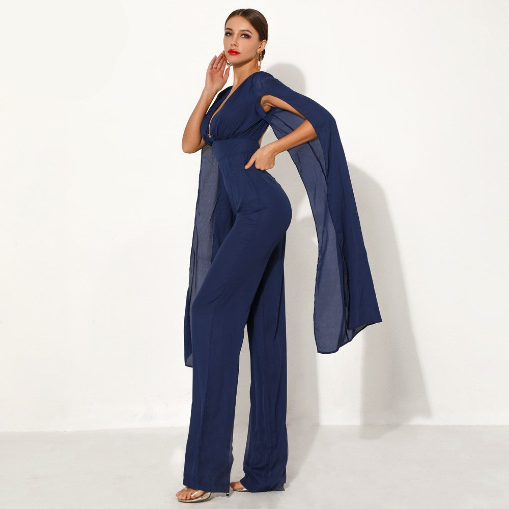 ELEGANTER JUMPSUIT MIT CAPE IN MARINEBLAU