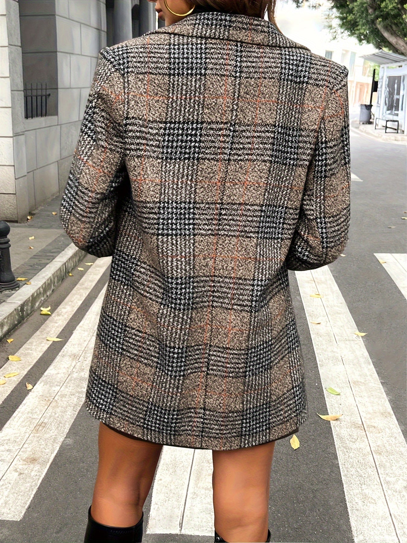 Elegant Plaid Long Sleeve Pockets