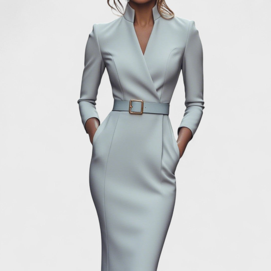 Elegantes Damenkleid mit Gürtel und Stehkragen 4