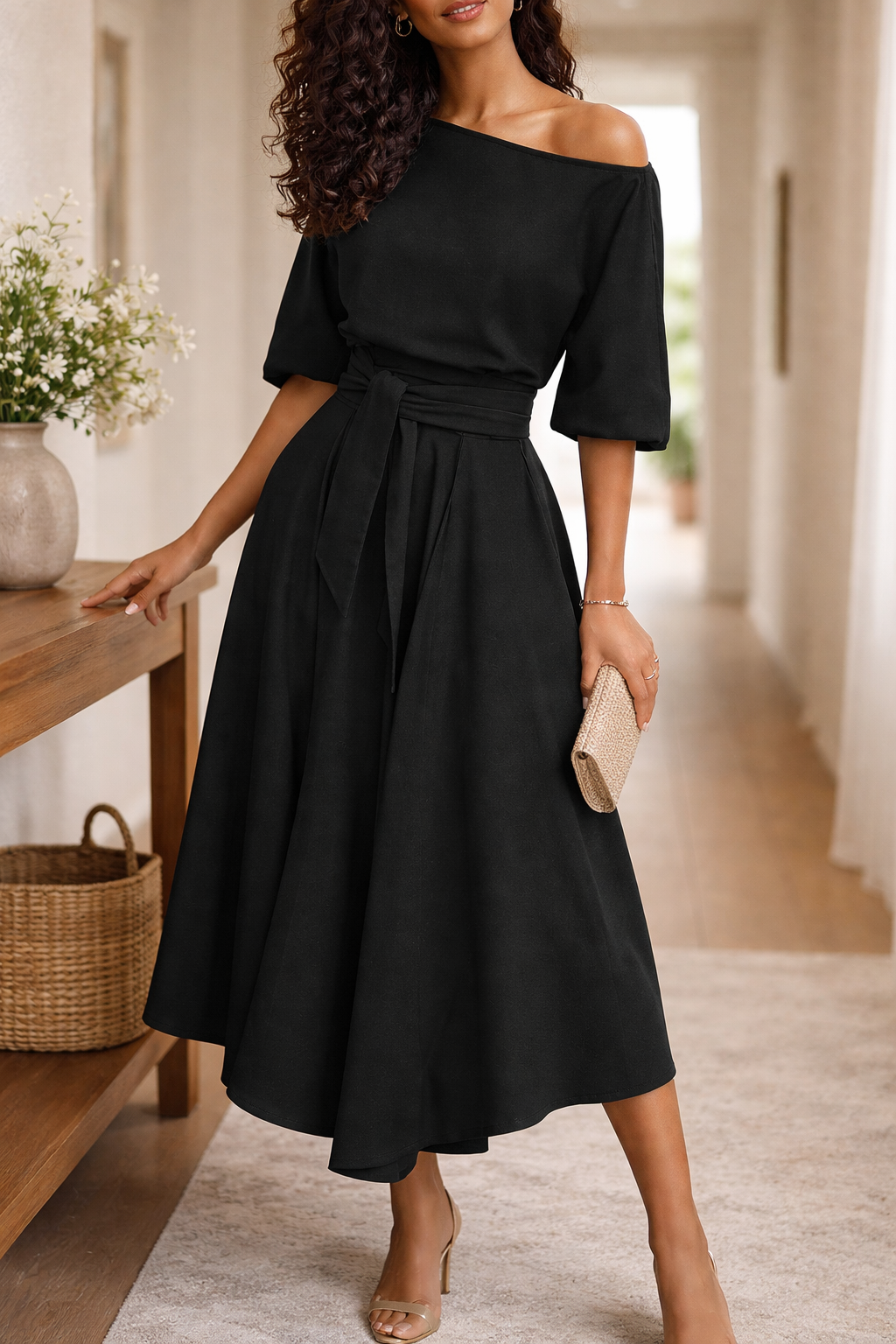 Elegantes Midikleid mit Taillengürtel für Damen – Feminines Swing Kleid für besondere Anlässe 0