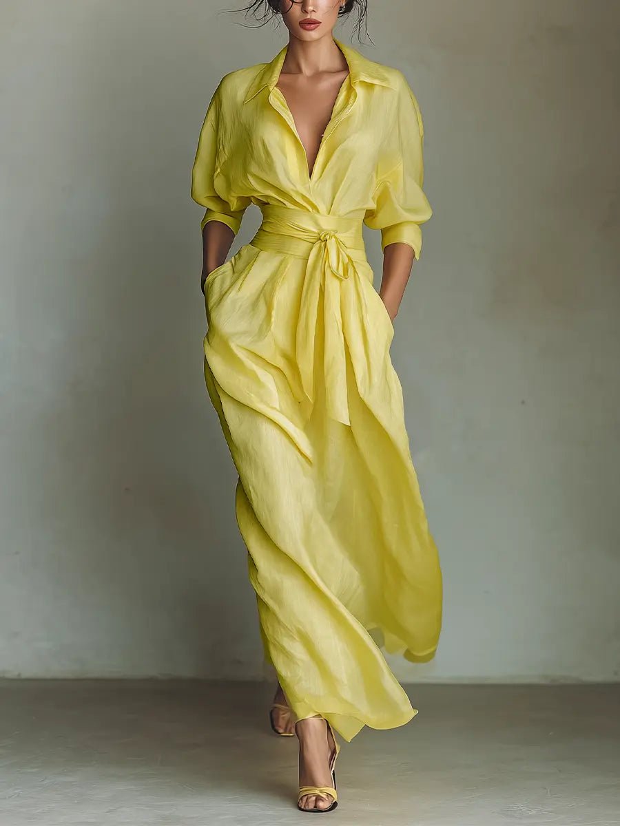 Emilia | Damen Leinen-Baumwoll Maxi Hemdkleid mit V-Ausschnitt 0