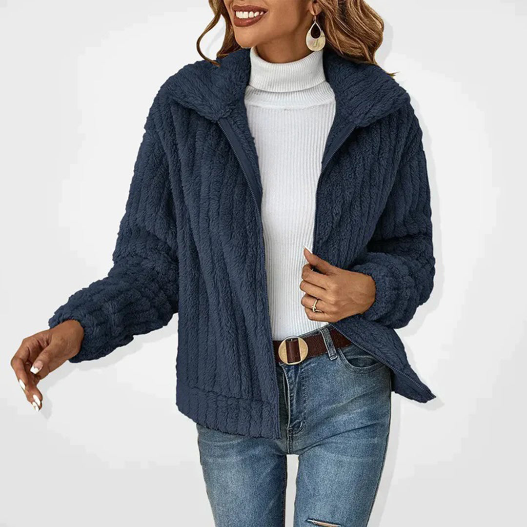 Extralange Damen-Fleecejacke mit Kragen und Taschen