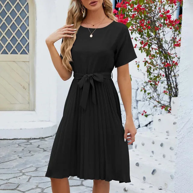 Fiete | Luftiges Damen Leinenkleid mit Taillengürtel, Kurzarm & Faltenrock – Sommerliches Midi-Kleid in Unifarbe 1