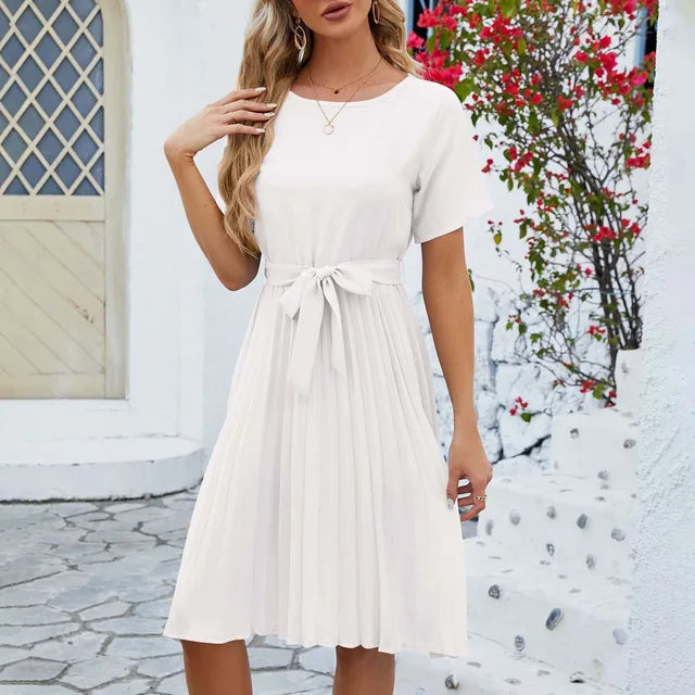 Fiete | Luftiges Damen Leinenkleid mit Taillengürtel, Kurzarm & Faltenrock – Sommerliches Midi-Kleid in Unifarbe 3