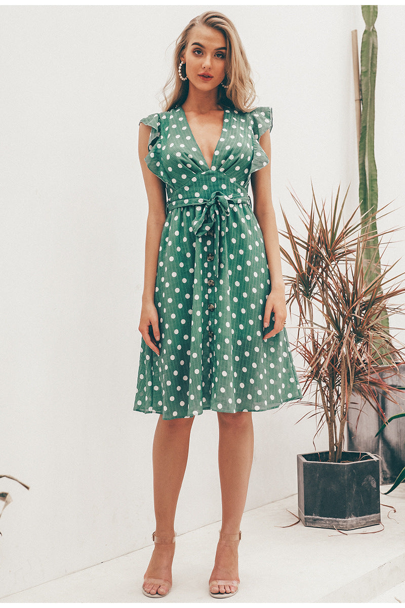GRÜNES POLKA-DOT-KLEID MIT V-AUSSCHNITT