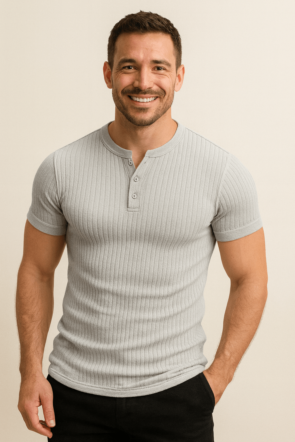 Emiel Geripptes Kurzarm-Henley-Shirt 6