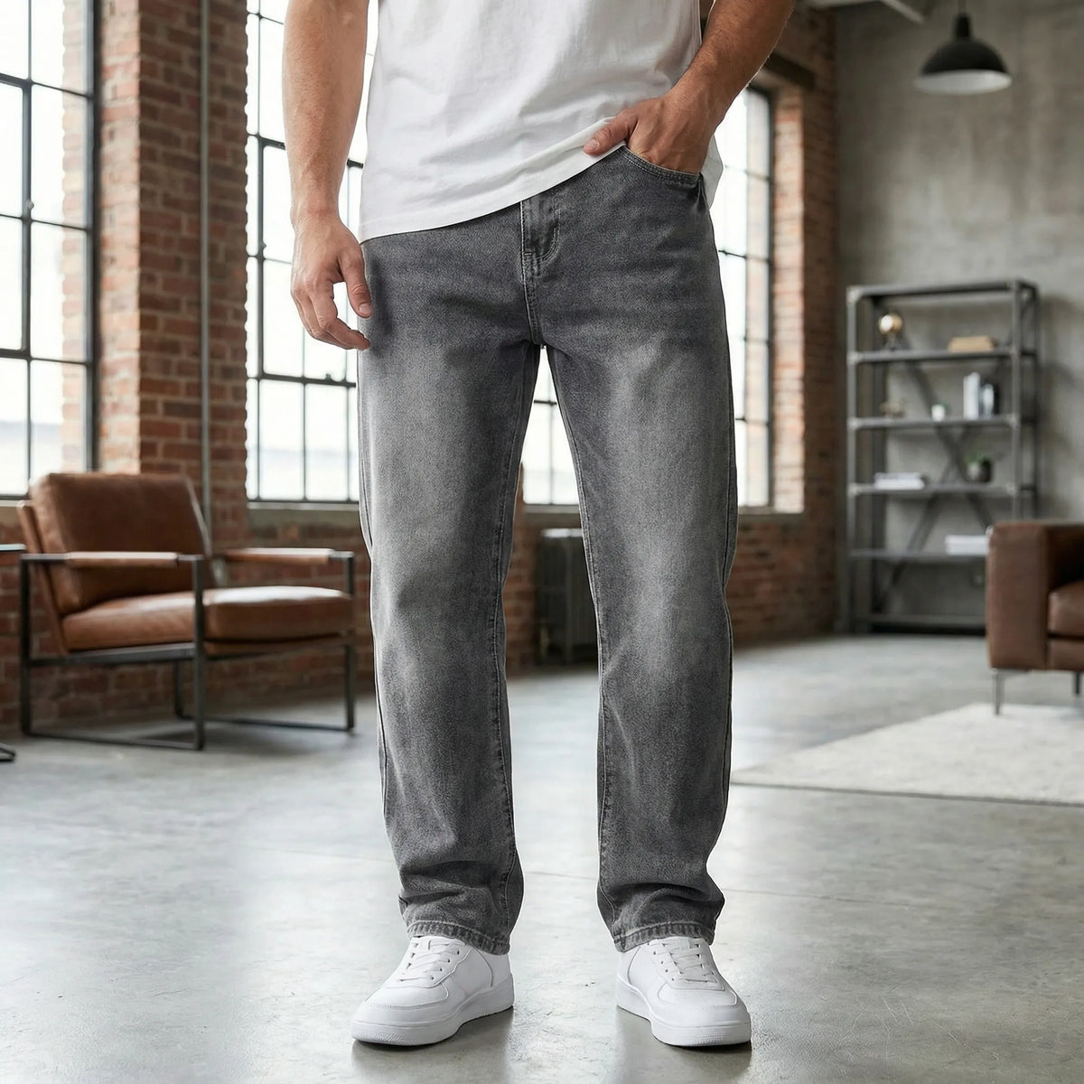Herren Hose Geradliniger Schnitt Gesäßtaschen mit Verstellbarem Bund