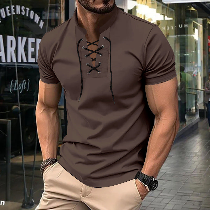 Herren Kurzarm-Henley-Shirt mit modernem Schnürdesign Echoarchiv 0
