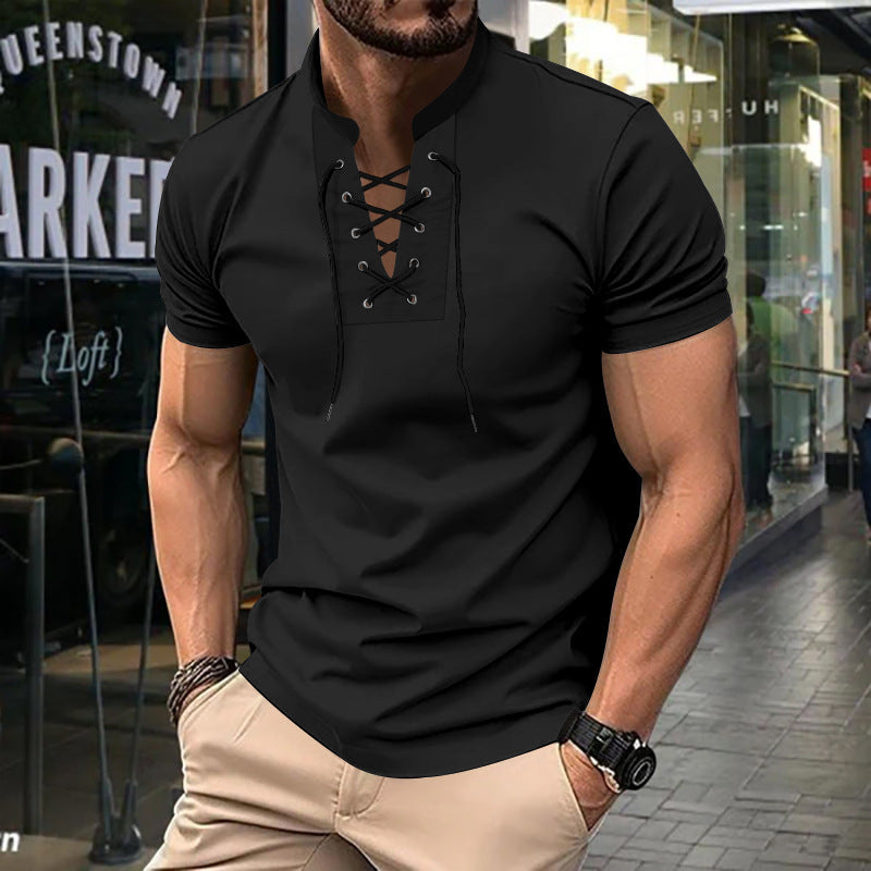 Herren Kurzarm-Henley-Shirt mit modernem Schnürdesign Echoarchiv 4