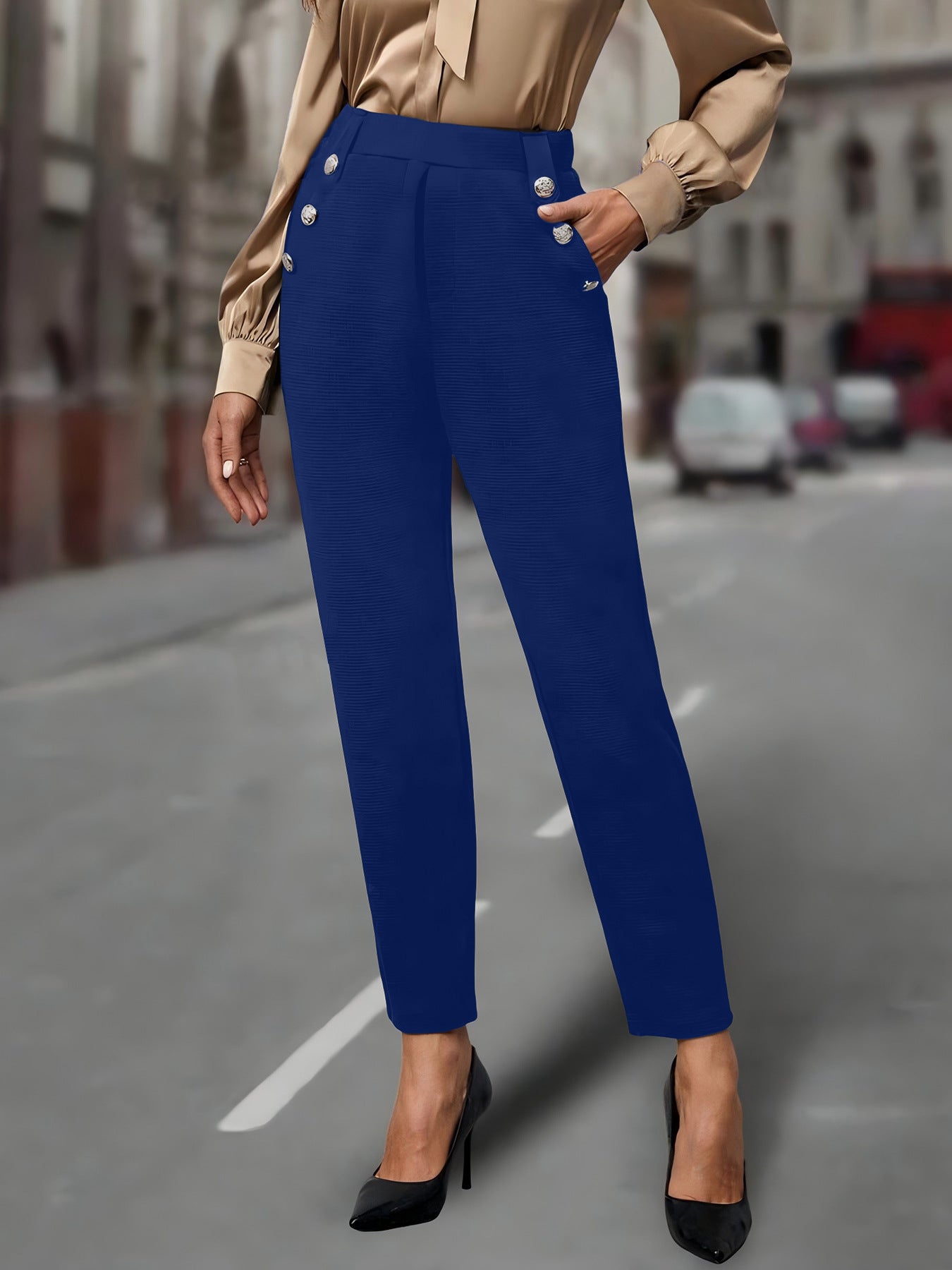High Waist Hose Damen | Slim & Dekorative Knöpfe