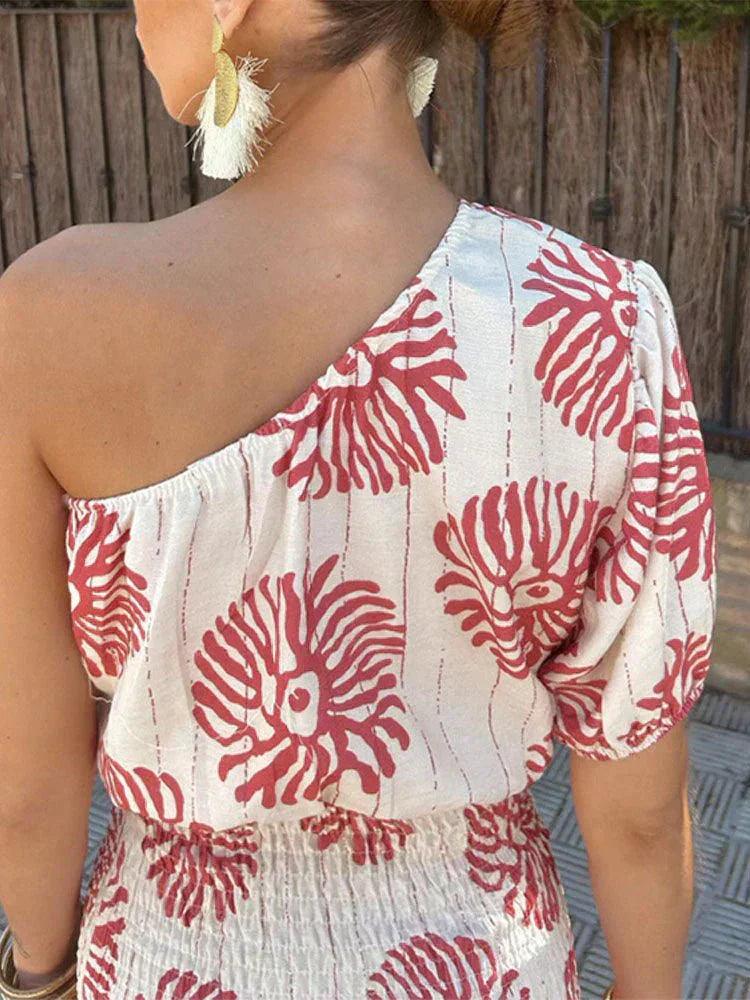 Hochzeitsgast Kleid Damen | One-Shoulder Sommerkleid mit Boho-Print
