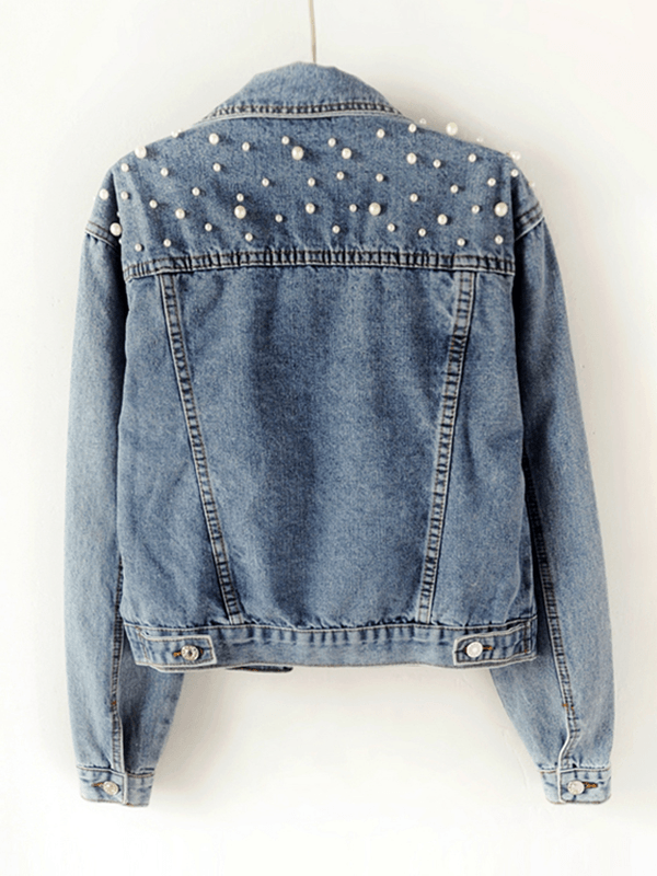 Jeansjacke, geknöpfte Taschen, Strass-Perlenbesatz, Reverskragen, lange Ärmel, Damenmode, lässig, übergroß, lässig 1