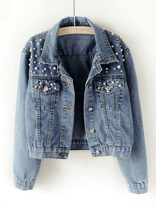 Jeansjacke, geknöpfte Taschen, Strass-Perlenbesatz, Reverskragen, lange Ärmel, Damenmode, lässig, übergroß, lässig 0