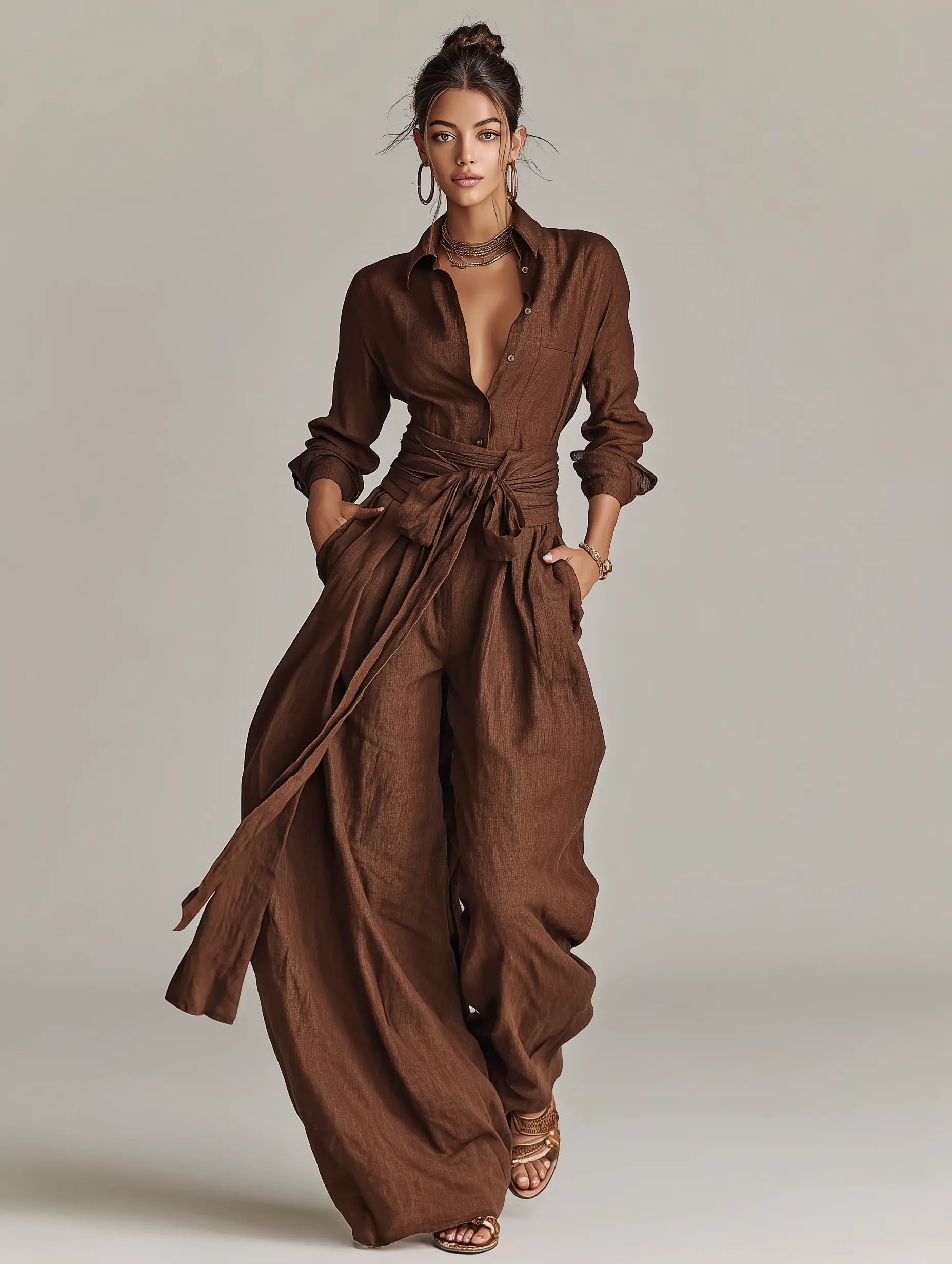 Annika | Damen Linen Langarm Hemdkragen Gürtel Jumpsuit 2